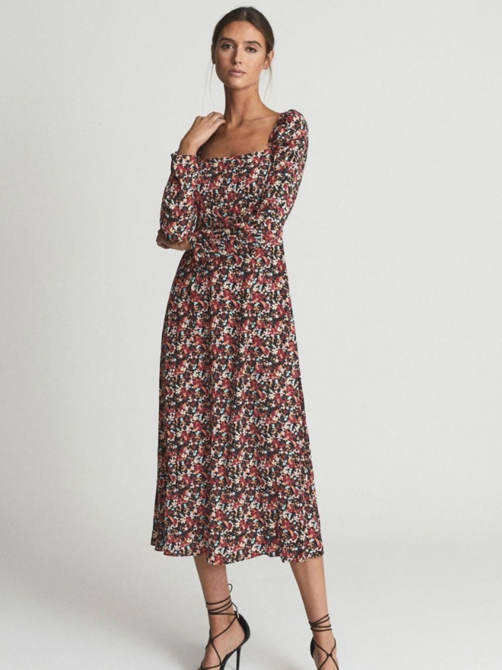 Reiss Miller Square Neck Floral Print Midi Dress Size 10